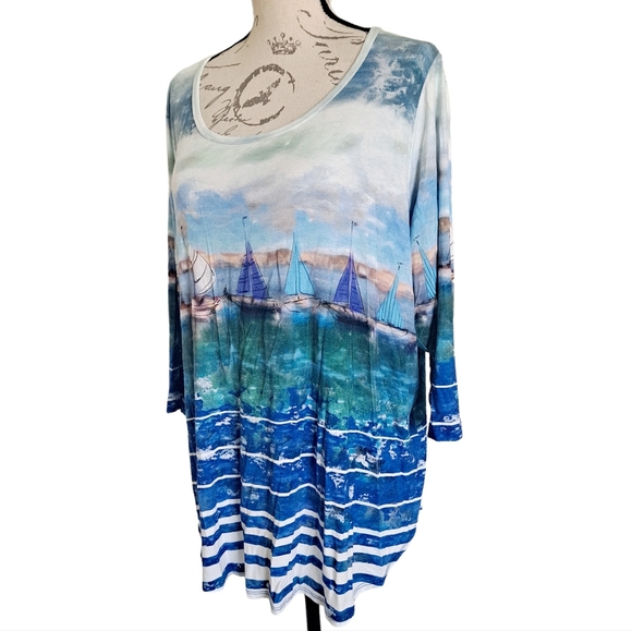 SOLD Karen Kane abstract art to wear boats on ocean stretchy blouse top size 1X - Picture 8 of 15